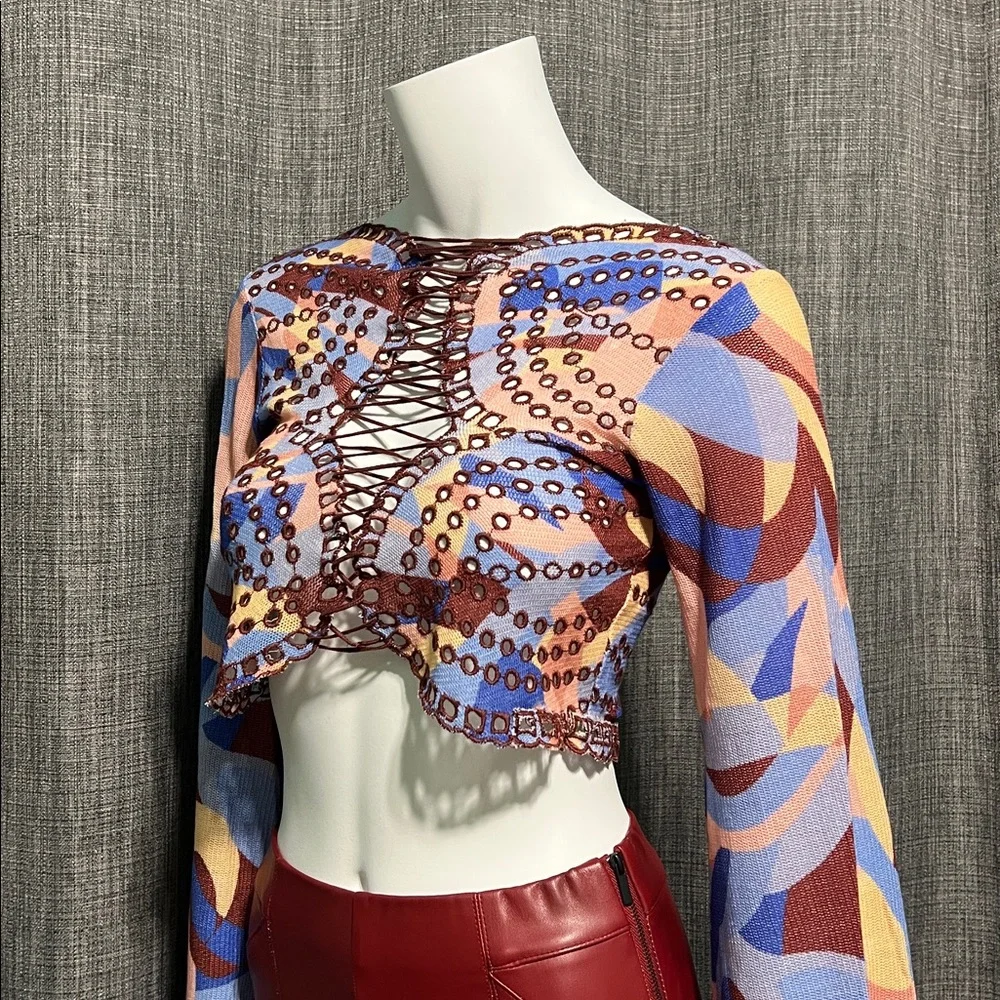 NWT Free People Eyes On You Lace Up Top Pacific Combo RARE TRIM COLOR XS